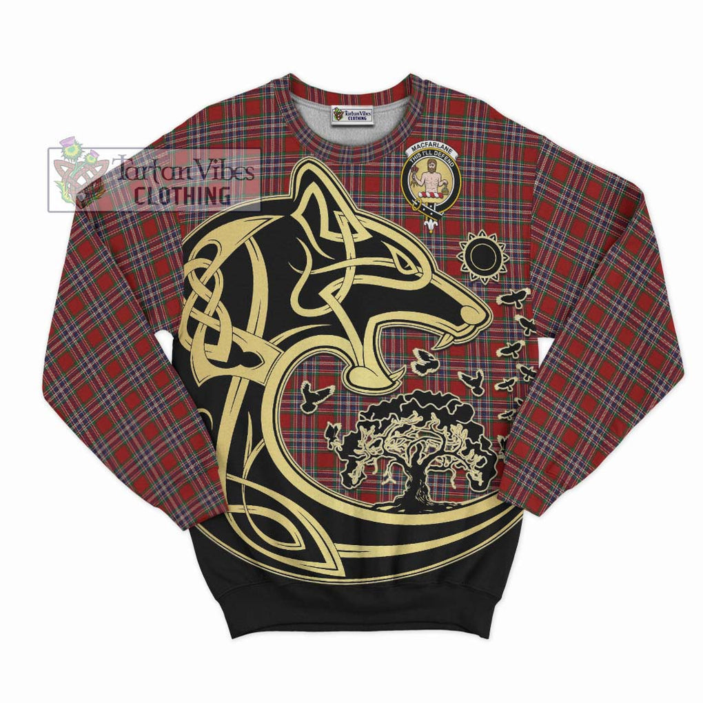 MacFarlane Red Tartan Sweatshirt with Family Crest Celtic Wolf Style - Tartan Vibes Clothing