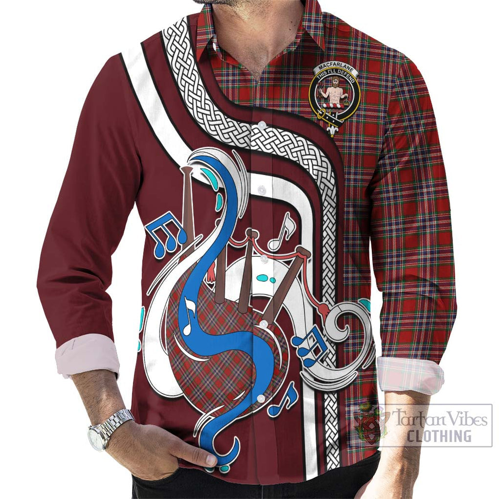 MacFarlane Red Tartan Long Sleeve Button Shirt with Epic Bagpipe Style - Tartanvibesclothing Shop