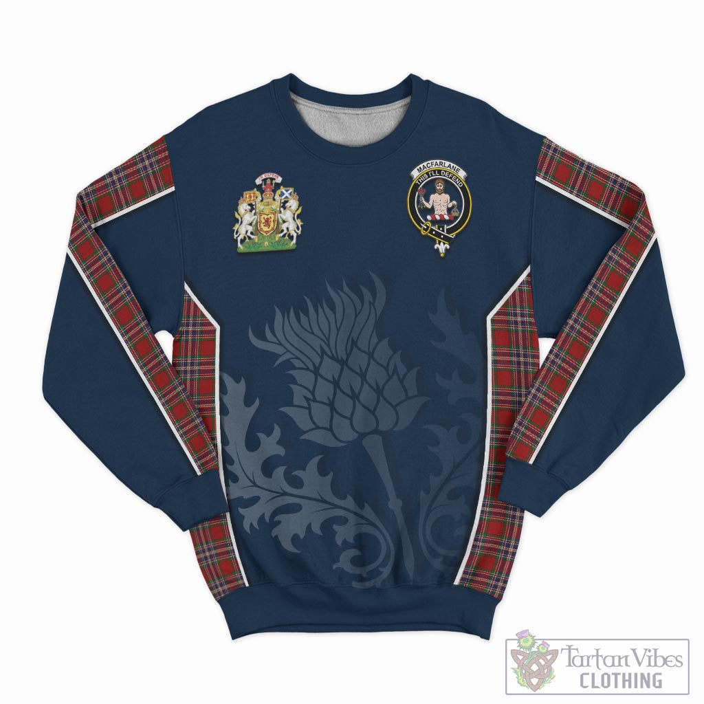 Tartan Vibes Clothing MacFarlane Red Tartan Sweatshirt with Family Crest and Scottish Thistle Vibes Sport Style