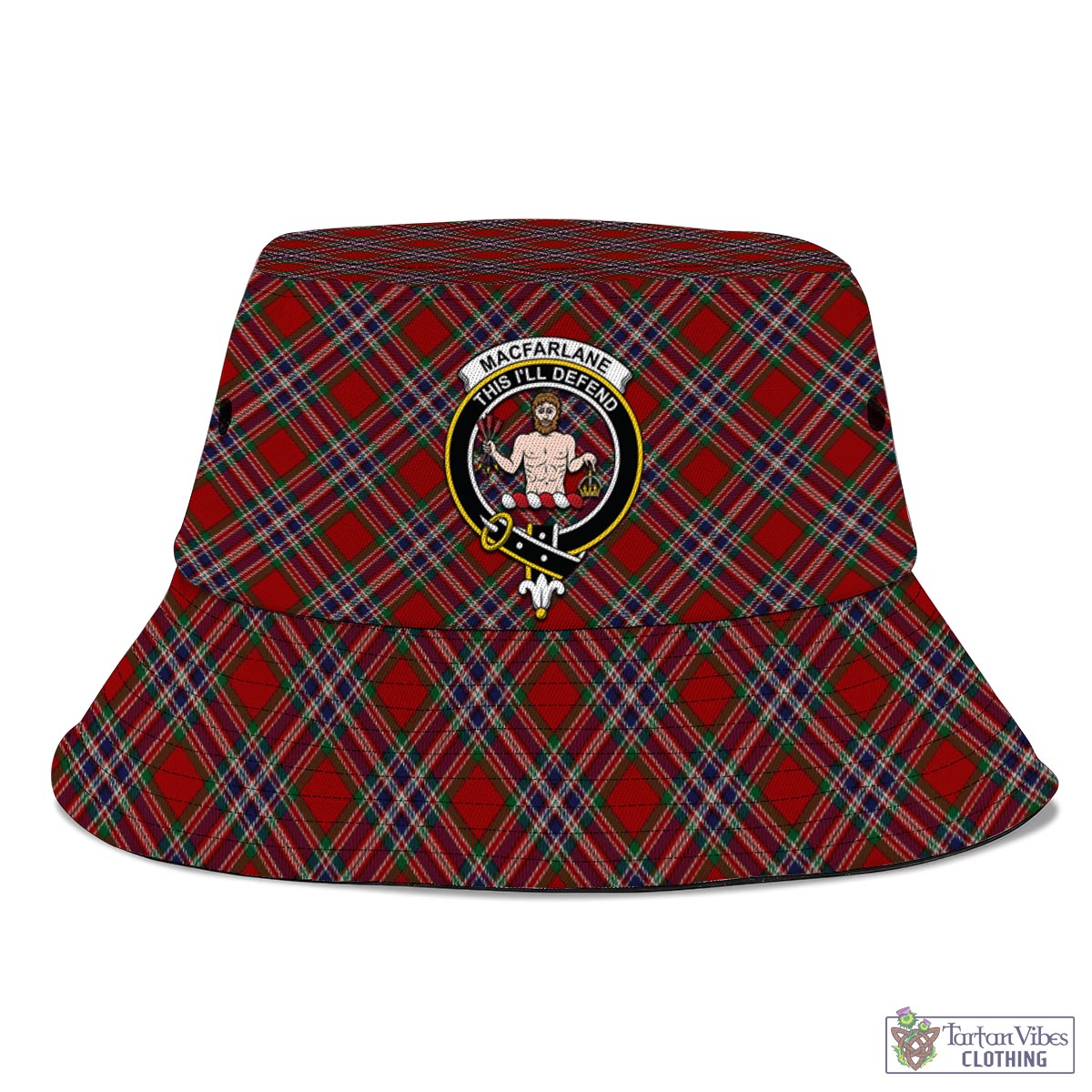 Tartan Vibes Clothing MacFarlane Red Tartan Bucket Hat with Family Crest