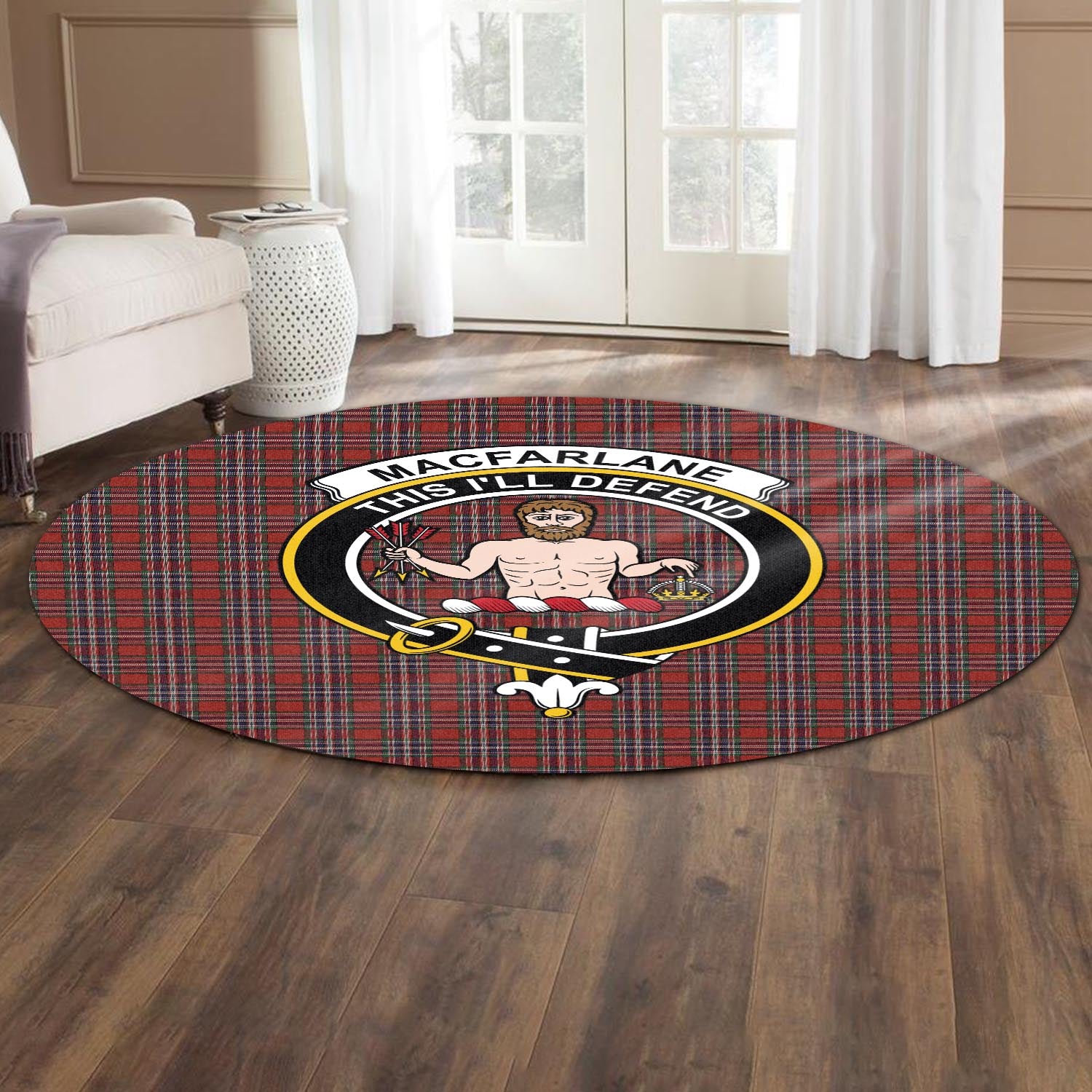 macfarlane-red-tartan-round-rug-with-family-crest