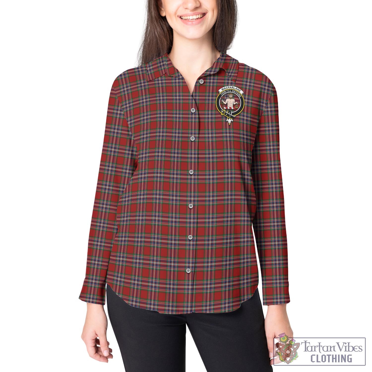 Tartan Vibes Clothing MacFarlane Red Tartan Womens Casual Shirt with Family Crest