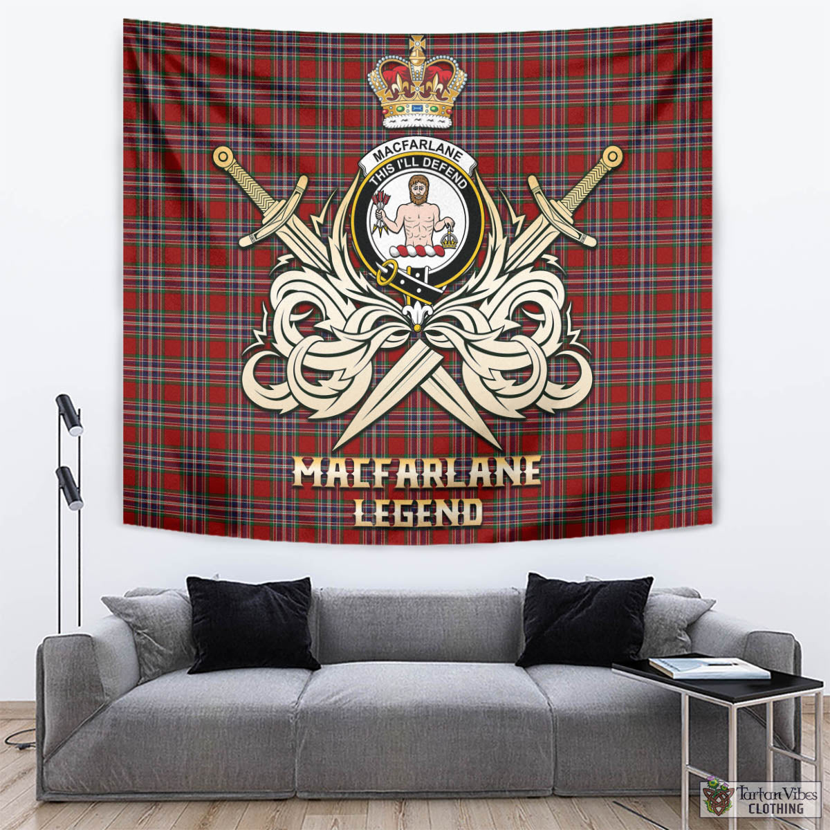 Tartan Vibes Clothing MacFarlane Red Tartan Tapestry with Clan Crest and the Golden Sword of Courageous Legacy