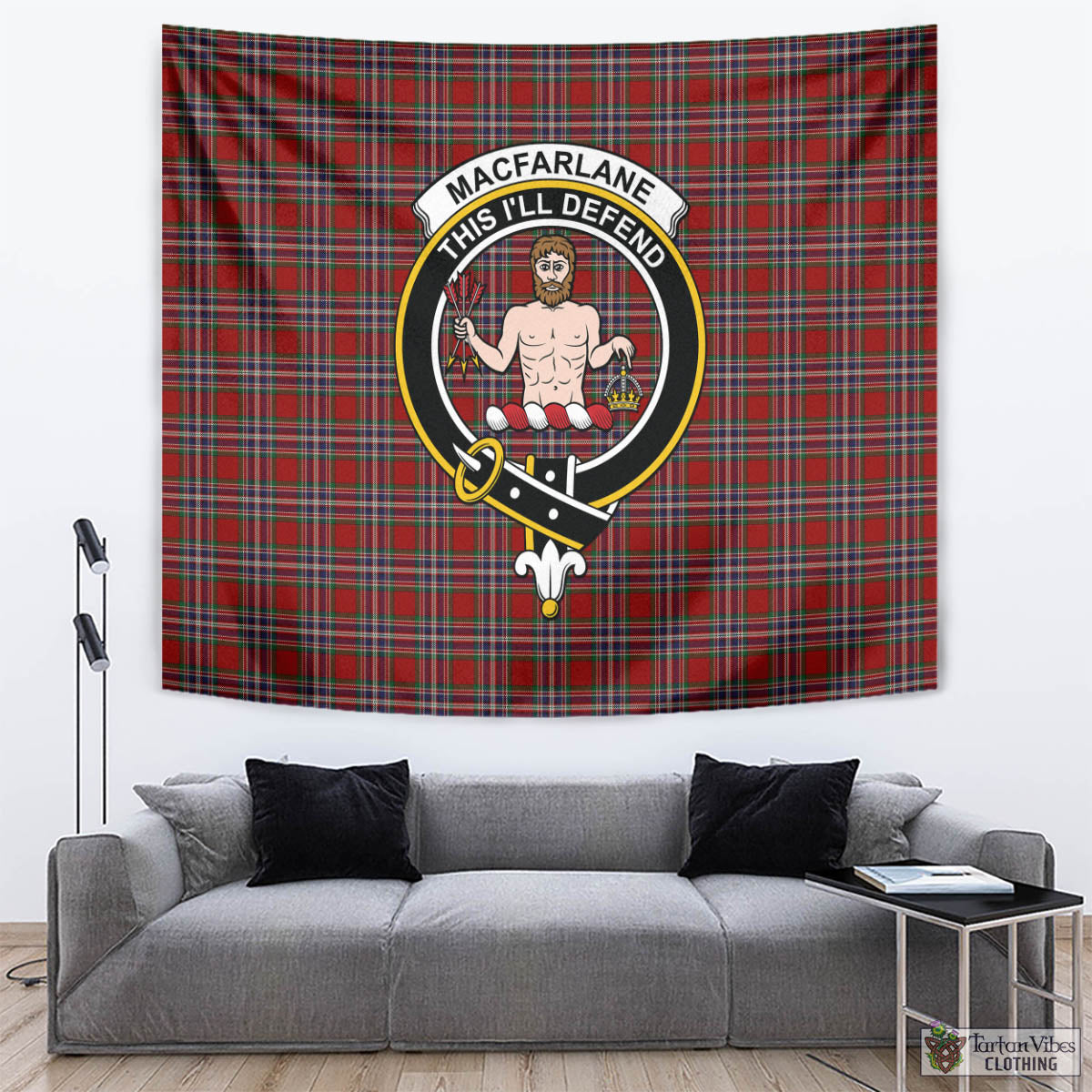 Tartan Vibes Clothing MacFarlane Red Tartan Tapestry Wall Hanging and Home Decor for Room with Family Crest