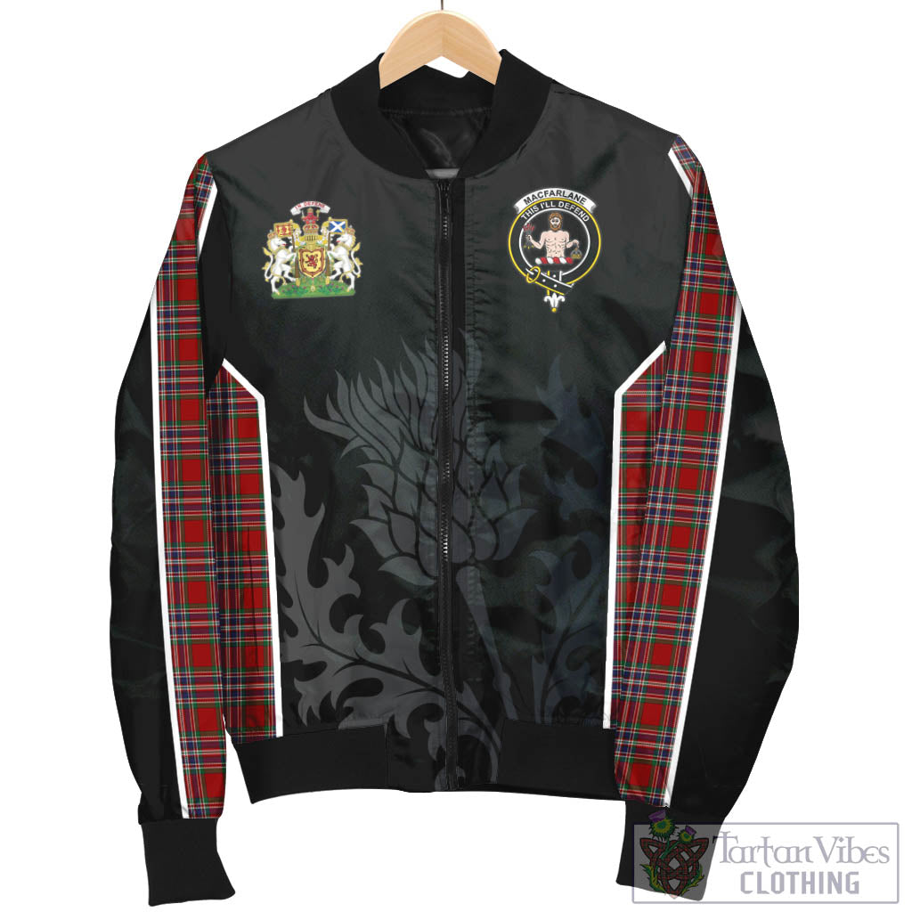 Tartan Vibes Clothing MacFarlane Red Tartan Bomber Jacket with Family Crest and Scottish Thistle Vibes Sport Style