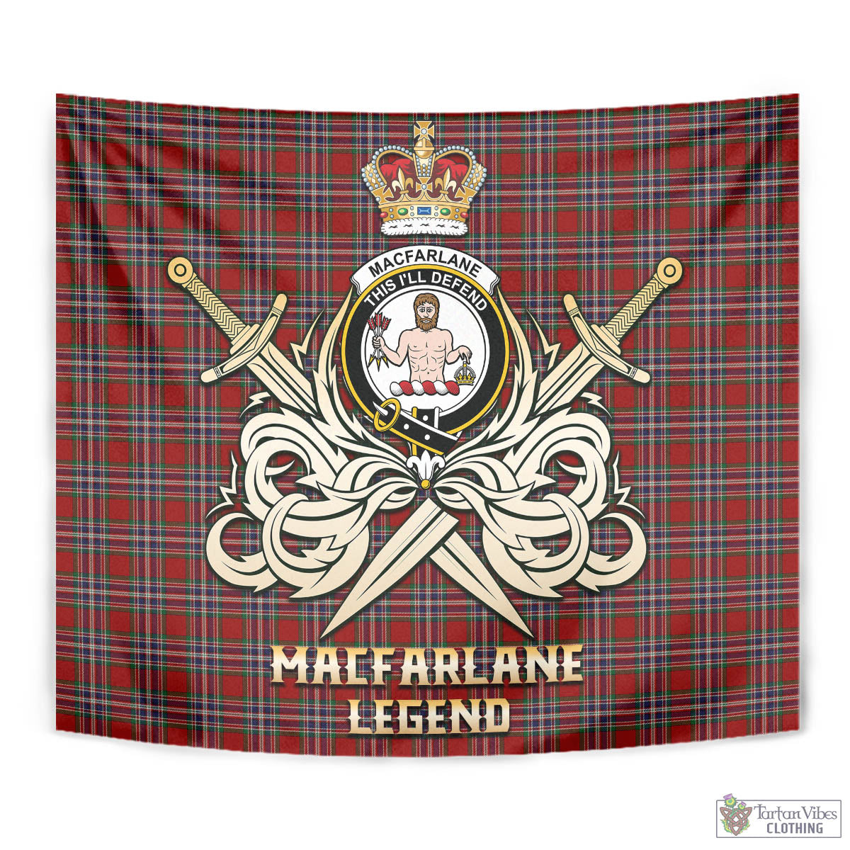 Tartan Vibes Clothing MacFarlane Red Tartan Tapestry with Clan Crest and the Golden Sword of Courageous Legacy