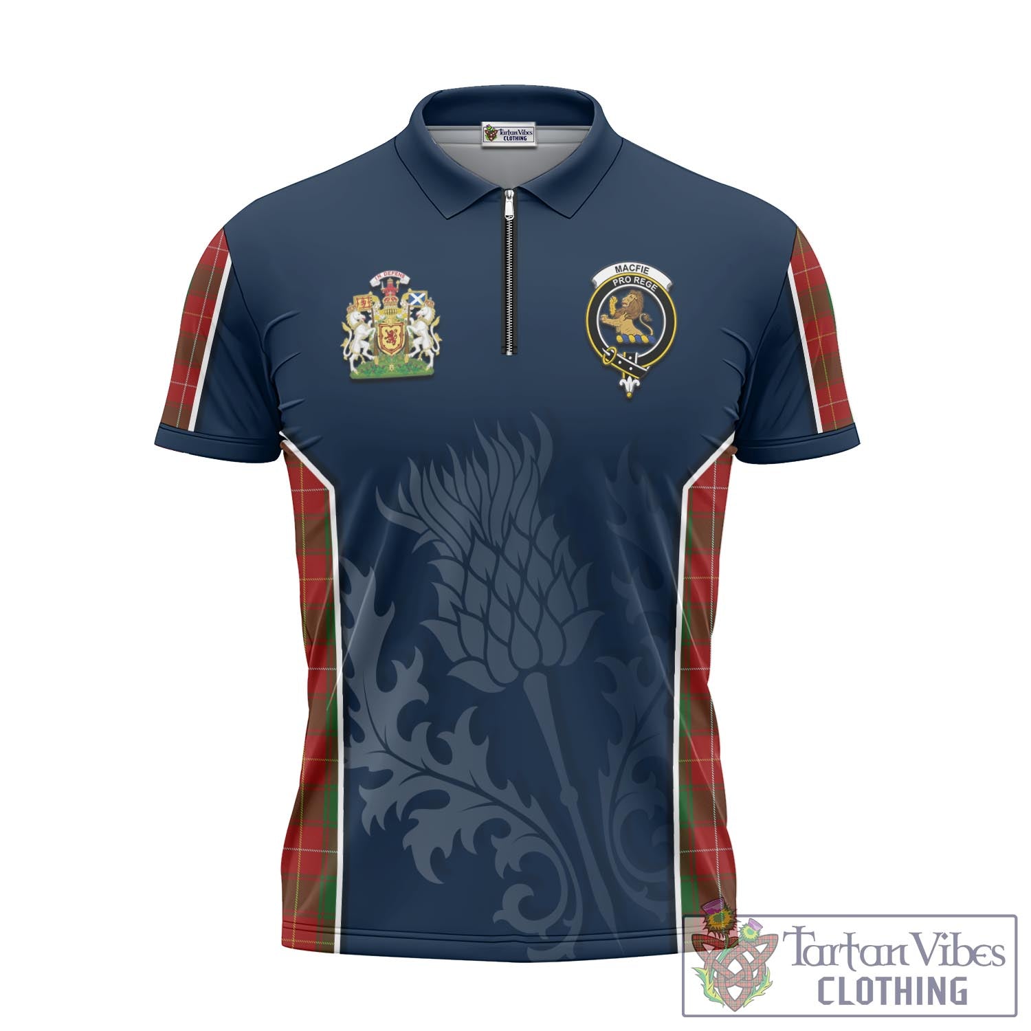 Tartan Vibes Clothing MacFie Tartan Zipper Polo Shirt with Family Crest and Scottish Thistle Vibes Sport Style