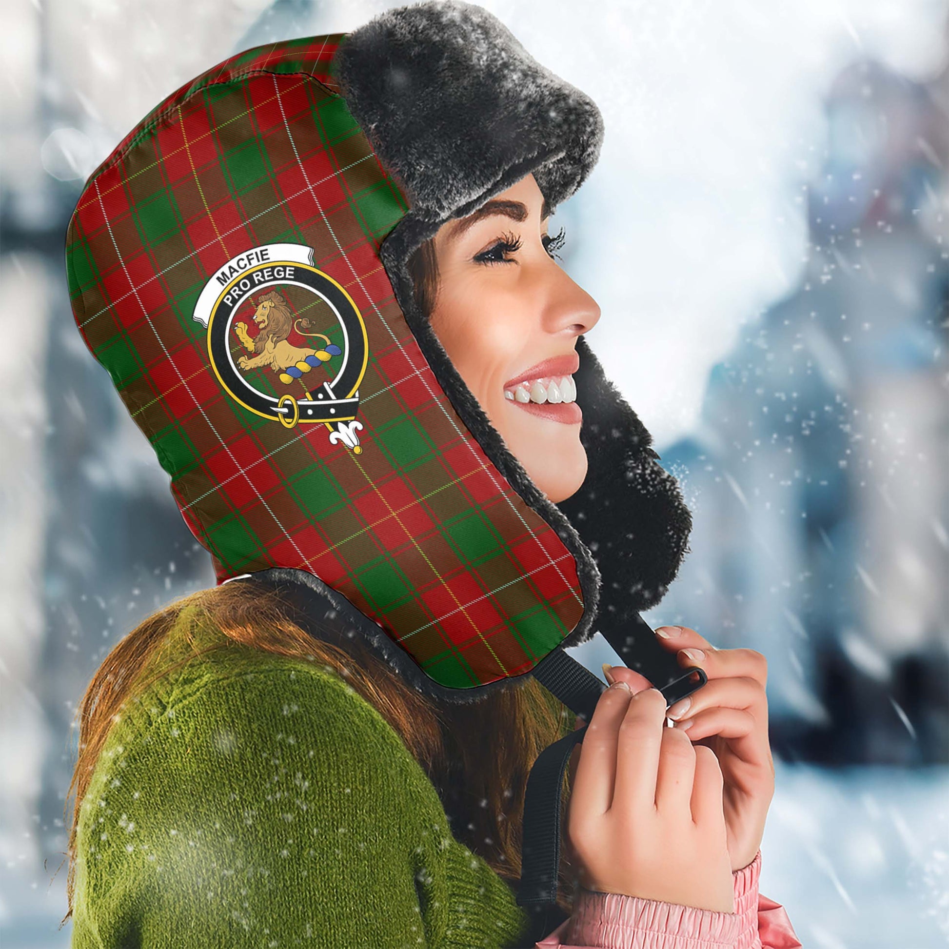 MacFie Tartan Winter Trapper Hat with Family Crest Winter Trapper Hat Universal Fit Circumference 22.8in (58cm) - Tartanvibesclothing