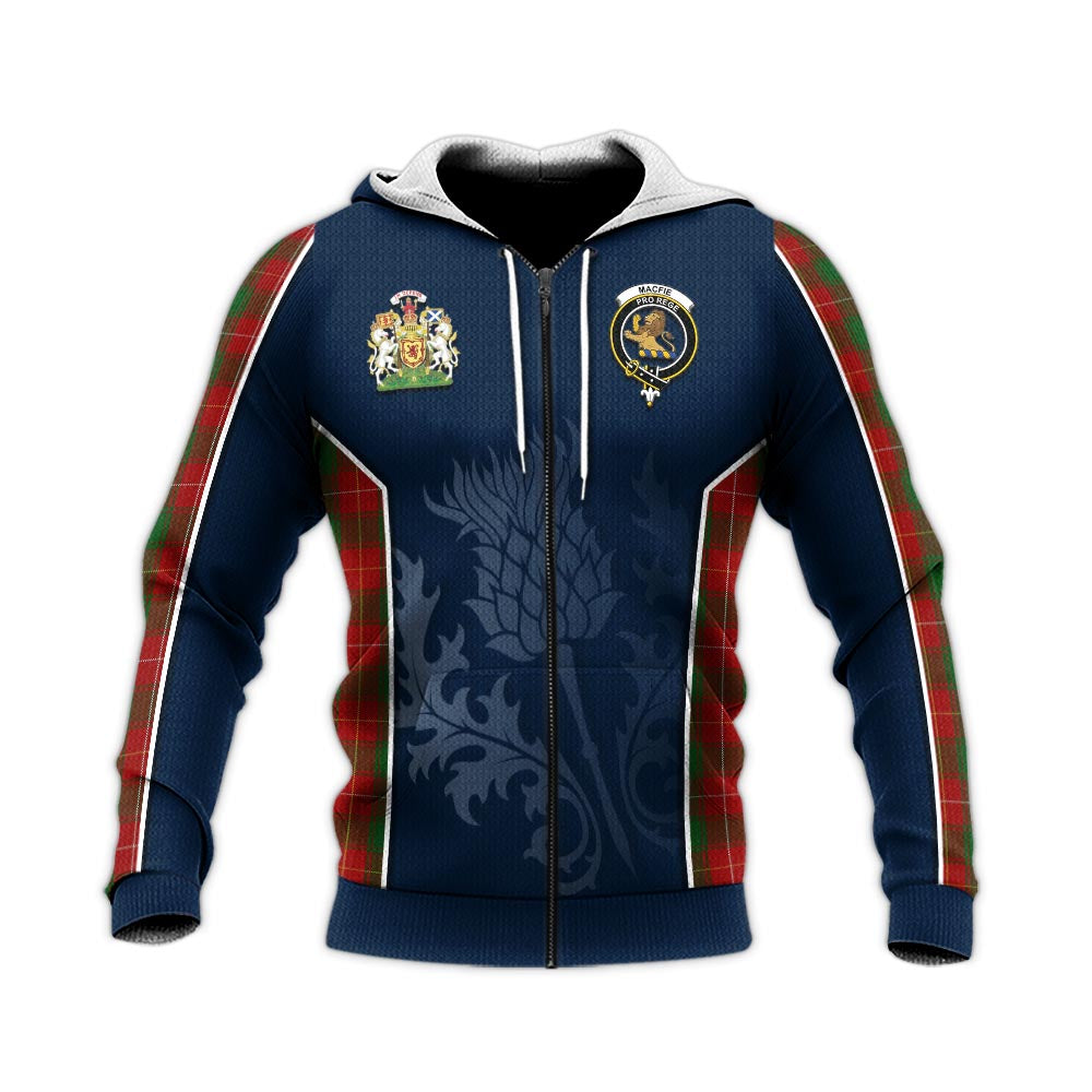 Tartan Vibes Clothing MacFie Tartan Knitted Hoodie with Family Crest and Scottish Thistle Vibes Sport Style