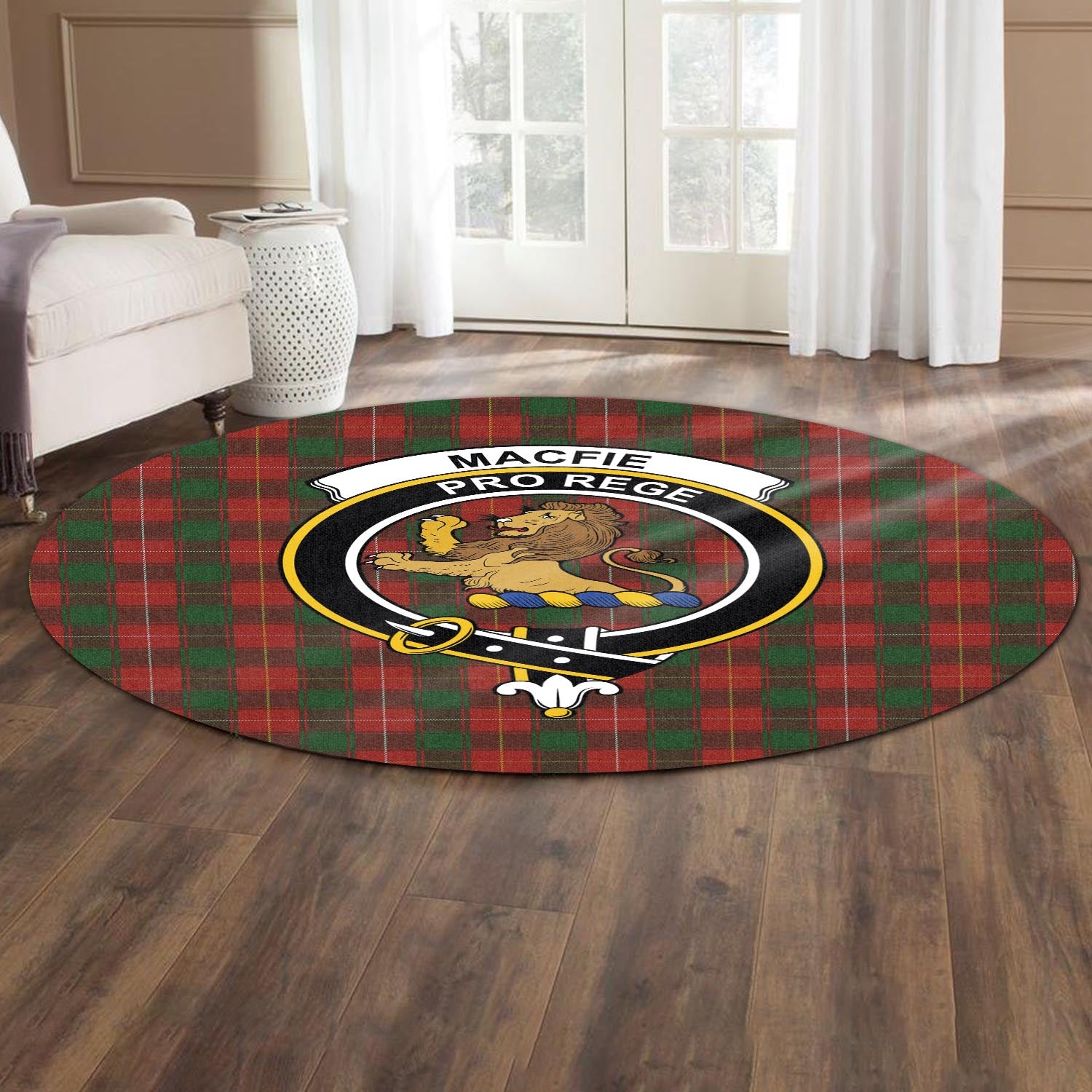 macfie-tartan-round-rug-with-family-crest