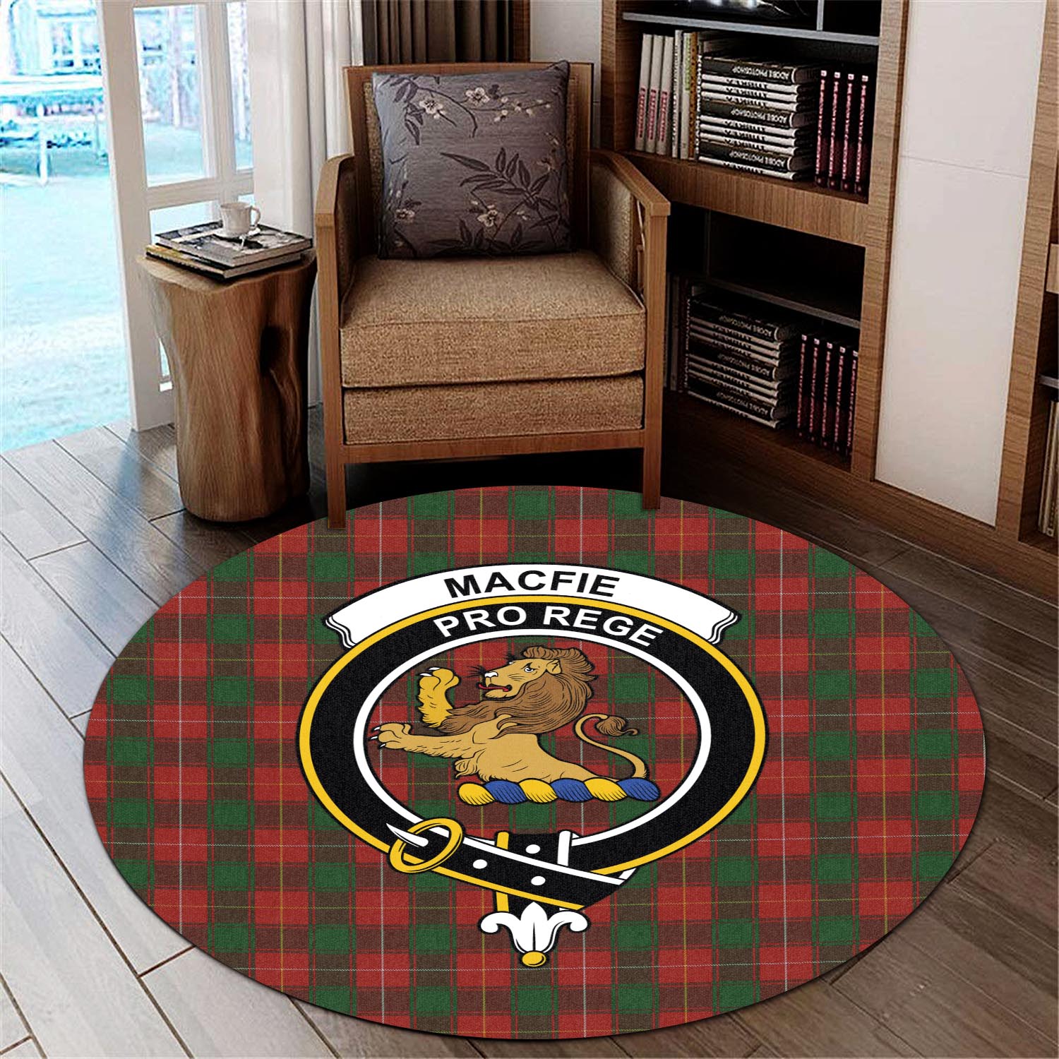 macfie-tartan-round-rug-with-family-crest