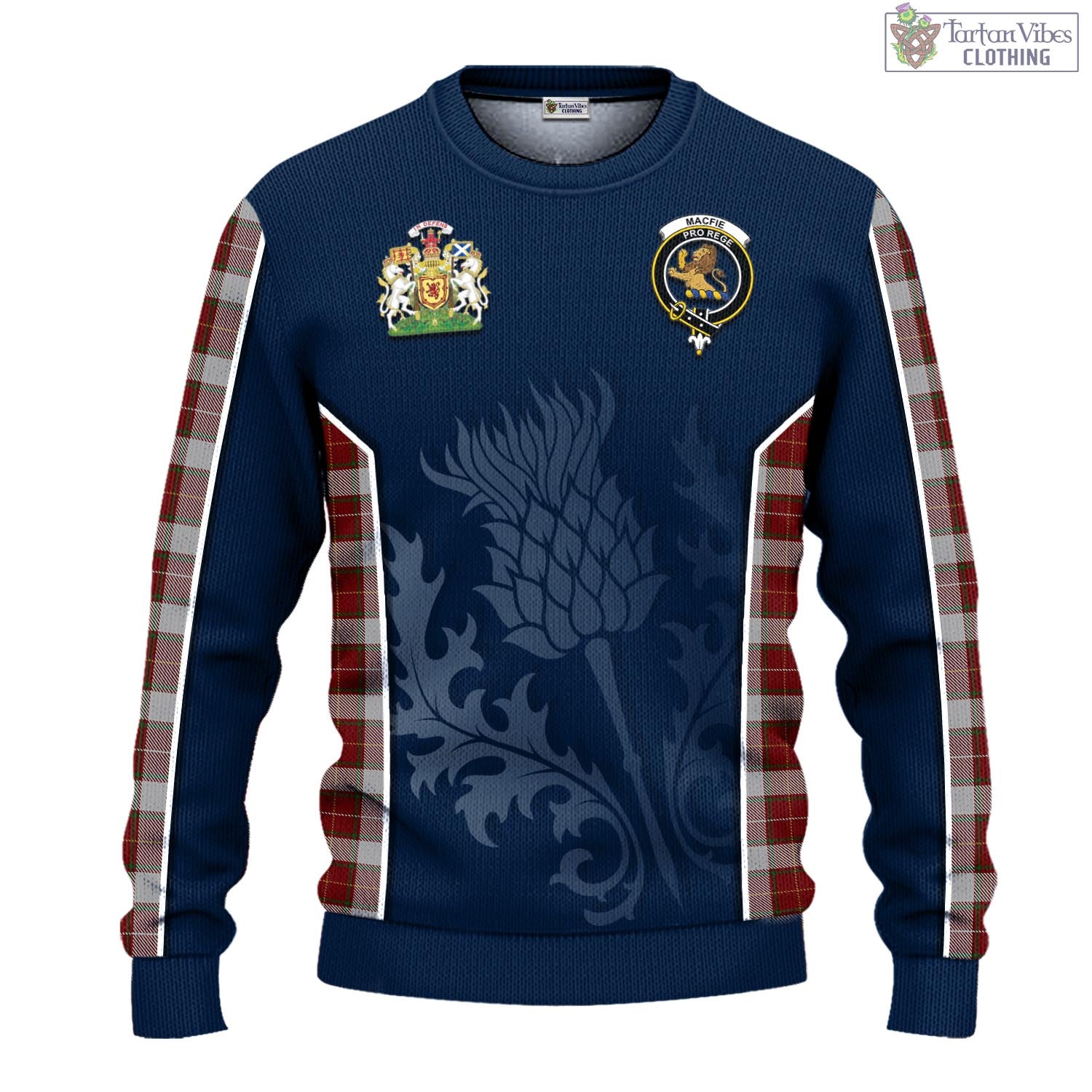 Tartan Vibes Clothing MacFie Dress Tartan Knitted Sweatshirt with Family Crest and Scottish Thistle Vibes Sport Style