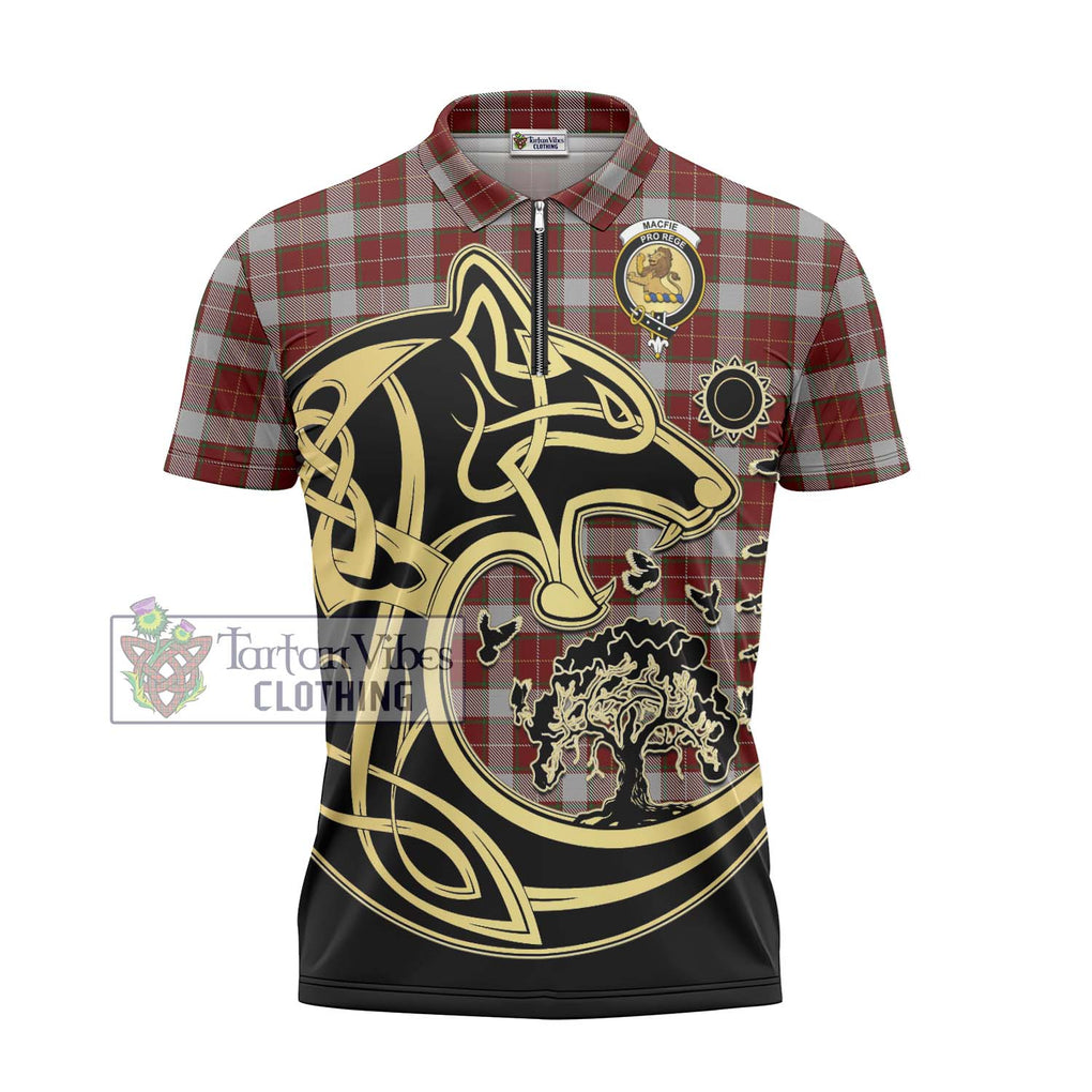 MacFie Dress Tartan Zipper Polo Shirt with Family Crest Celtic Wolf Style - Tartanvibesclothing Shop