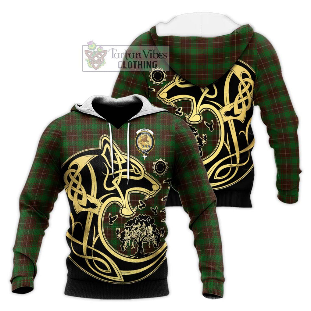 MacFie Hunting Tartan Knitted Hoodie with Family Crest Celtic Wolf Style Unisex Knitted Pullover Hoodie - Tartan Vibes Clothing