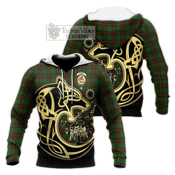 MacFie Hunting Tartan Knitted Hoodie with Family Crest Celtic Wolf Style