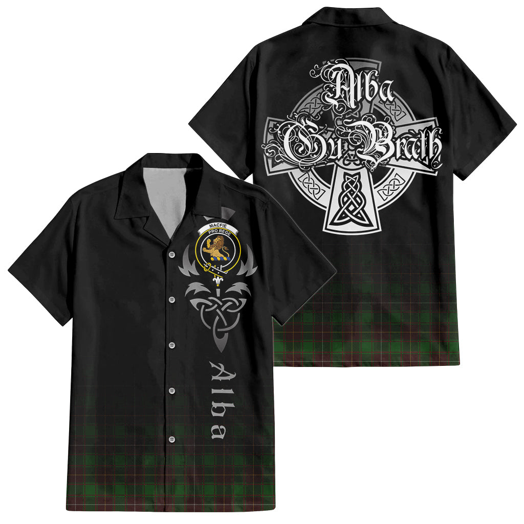 Tartan Vibes Clothing MacFie Hunting Tartan Short Sleeve Button Up Featuring Alba Gu Brath Family Crest Celtic Inspired