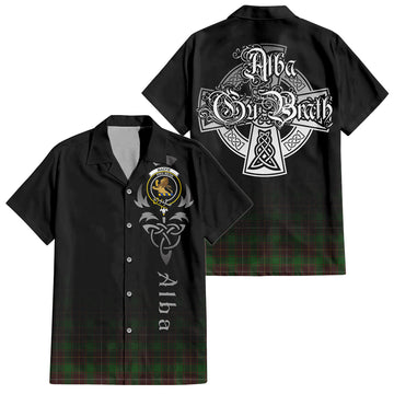 MacFie Hunting Tartan Short Sleeve Button Up Shirt Featuring Alba Gu Brath Family Crest Celtic Inspired