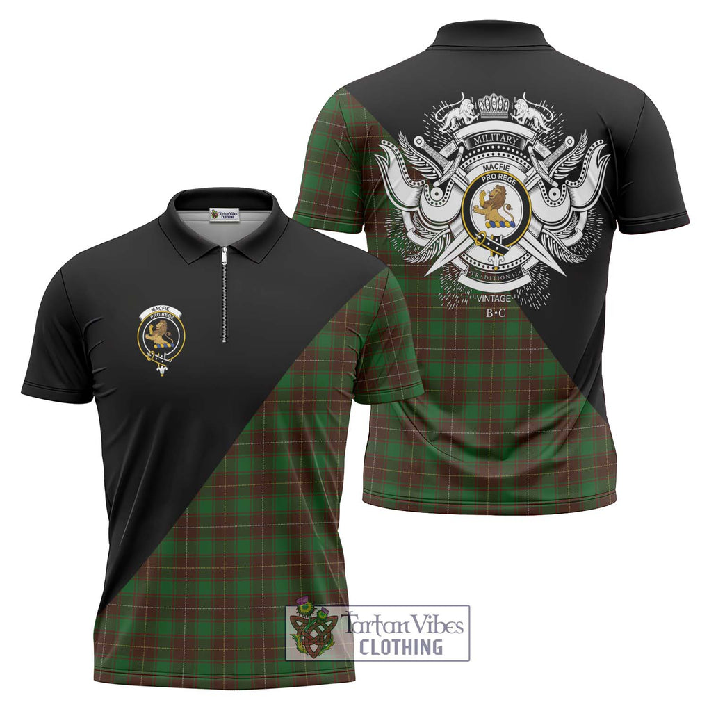 MacFie Hunting Tartan Zipper Polo Shirt with Family Crest and Military Logo Style Unisex - Tartanvibesclothing Shop