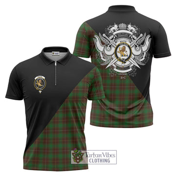 MacFie Hunting Tartan Zipper Polo Shirt with Family Crest and Military Logo Style