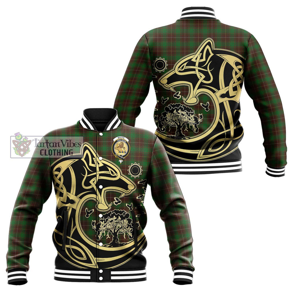 MacFie Hunting Tartan Baseball Jacket with Family Crest Celtic Wolf Style Unisex - Tartan Vibes Clothing