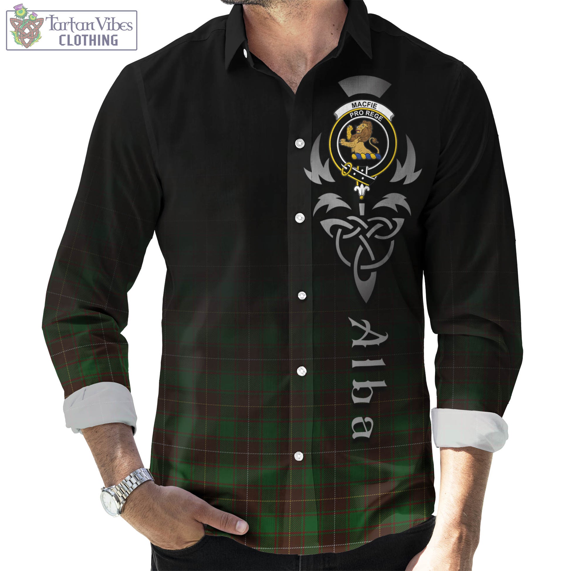 Tartan Vibes Clothing MacFie Hunting Tartan Long Sleeve Button Up Featuring Alba Gu Brath Family Crest Celtic Inspired