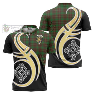 MacFie Hunting Tartan Zipper Polo Shirt with Family Crest and Celtic Symbol Style