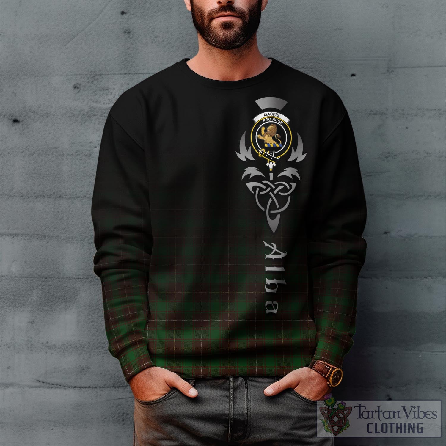 Tartan Vibes Clothing MacFie Hunting Tartan Sweatshirt Featuring Alba Gu Brath Family Crest Celtic Inspired