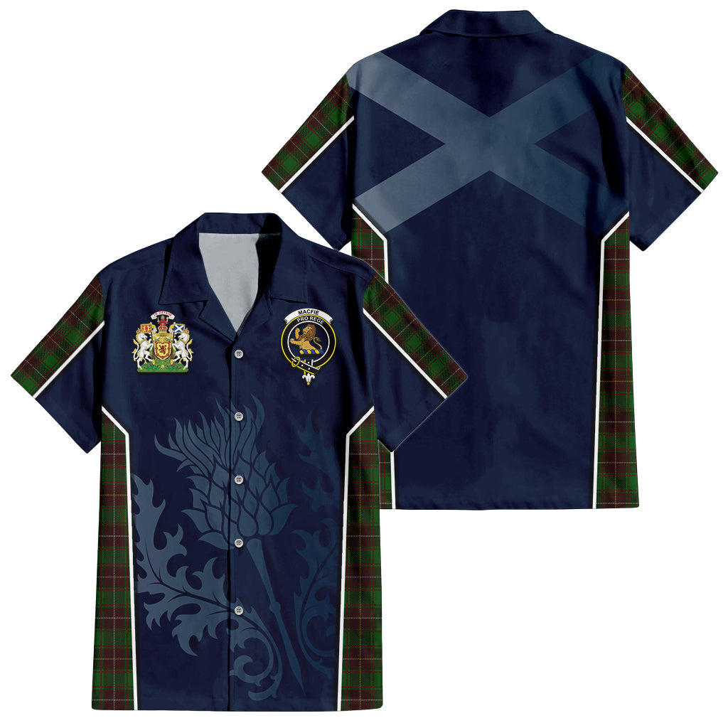 Tartan Vibes Clothing MacFie Hunting Tartan Short Sleeve Button Up Shirt with Family Crest and Scottish Thistle Vibes Sport Style