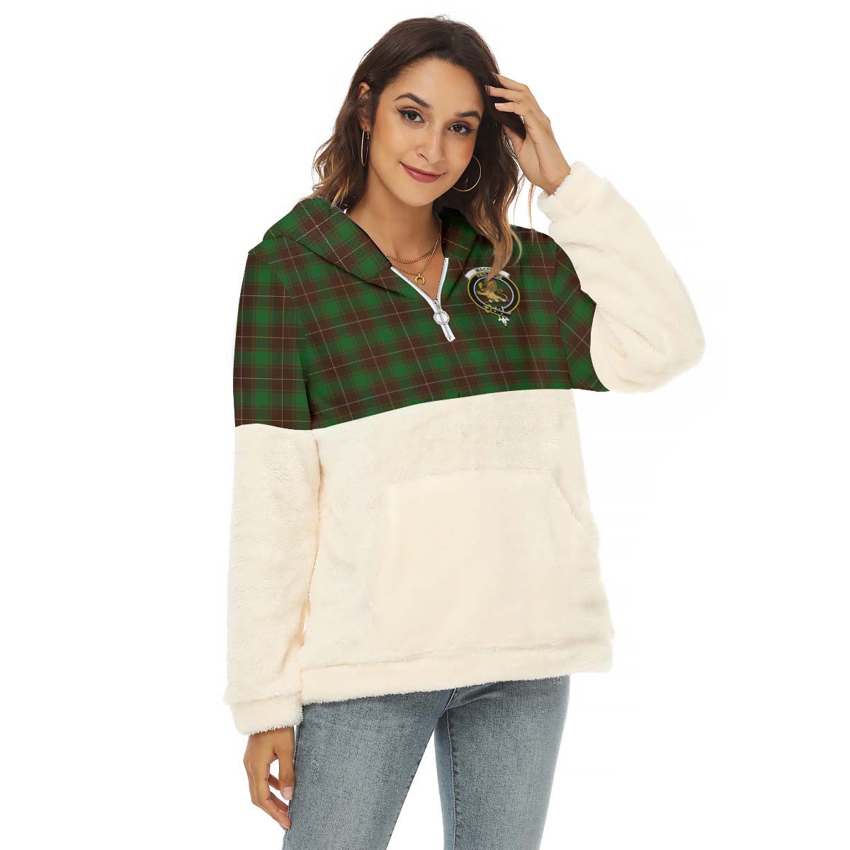 MacFie Hunting Tartan Women's Borg Fleece Hoodie With Half Zip with Family Crest Female - Tartan Vibes Clothing