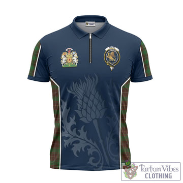 MacFie Hunting Tartan Zipper Polo Shirt with Family Crest and Scottish Thistle Vibes Sport Style