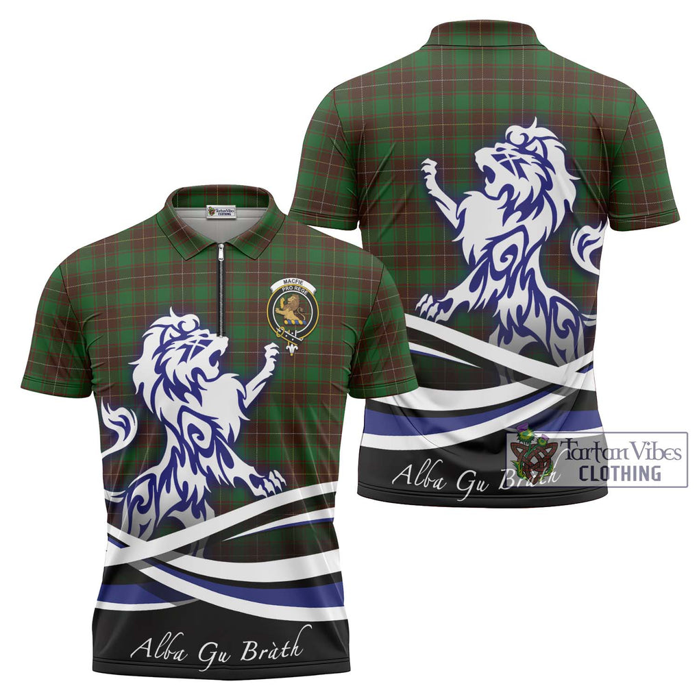 MacFie Hunting Tartan Zipper Polo Shirt with Alba Gu Brath Regal Lion Emblem Unisex - Tartanvibesclothing Shop