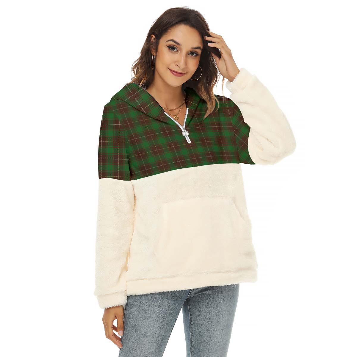 MacFie Hunting Tartan Women's Borg Fleece Hoodie With Half Zip Female - Tartan Vibes Clothing