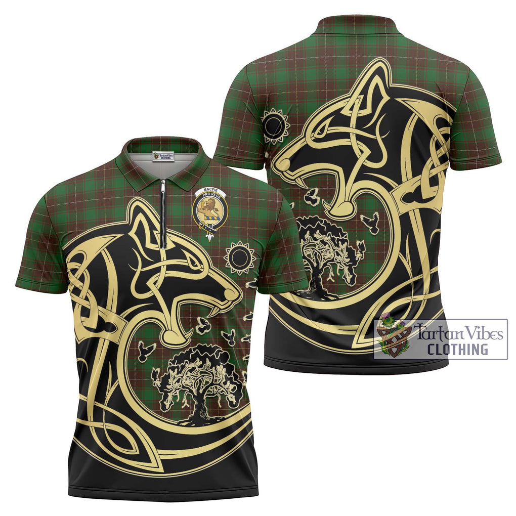 MacFie Hunting Tartan Zipper Polo Shirt with Family Crest Celtic Wolf Style Unisex - Tartanvibesclothing Shop