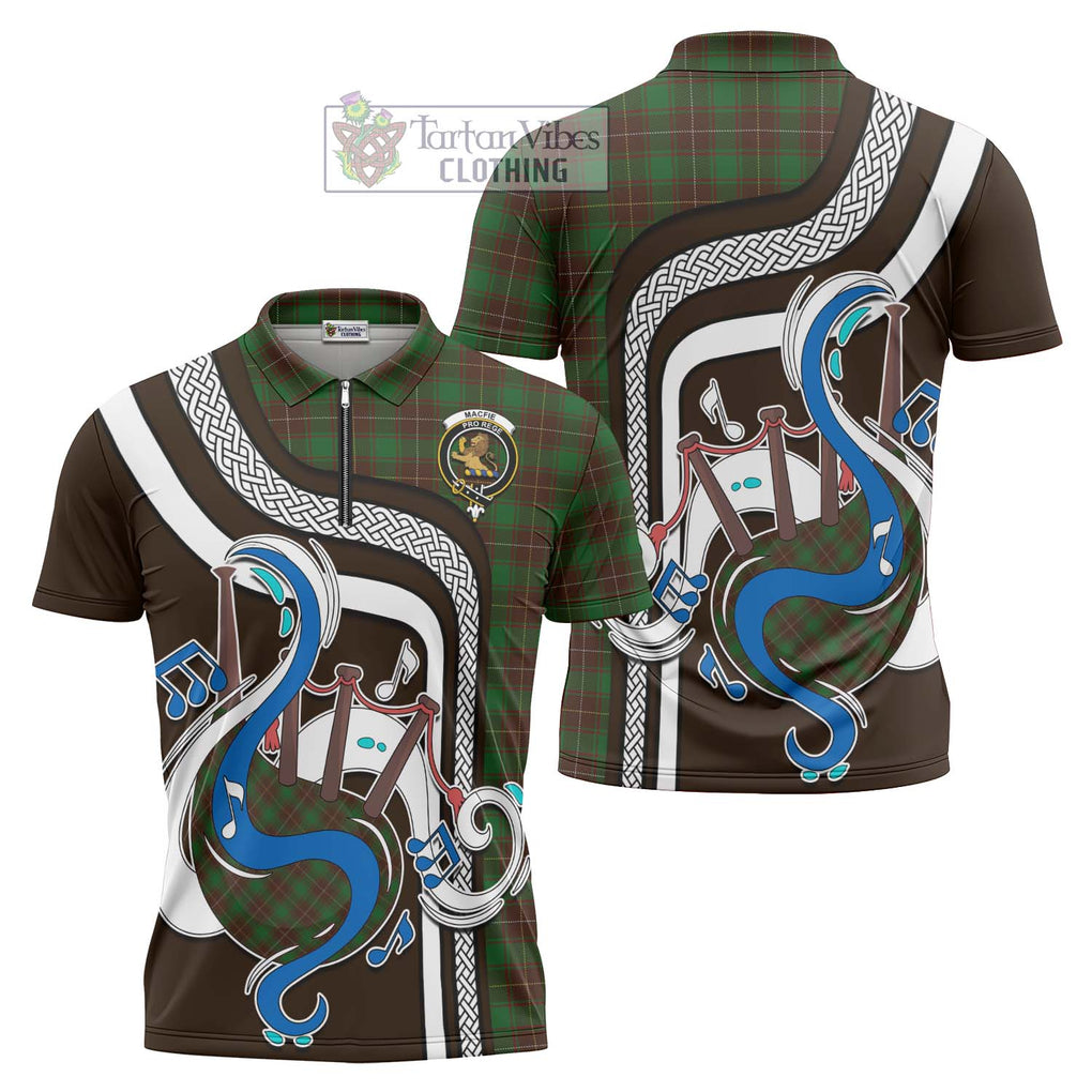 MacFie Hunting Tartan Zipper Polo Shirt with Epic Bagpipe Style Unisex - Tartanvibesclothing Shop