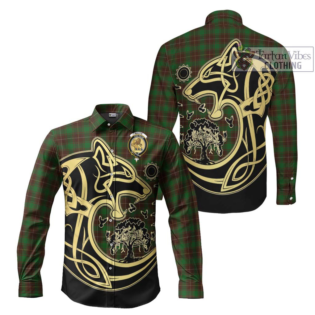 MacFie Hunting Tartan Long Sleeve Button Shirt with Family Crest Celtic Wolf Style Men's Shirt S - Tartan Vibes Clothing