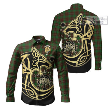 MacFie Hunting Tartan Long Sleeve Button Shirt with Family Crest Celtic Wolf Style