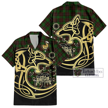 MacFie Hunting Tartan Short Sleeve Button Shirt with Family Crest Celtic Wolf Style