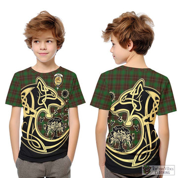 MacFie Hunting Tartan Kid T-Shirt with Family Crest Celtic Wolf Style