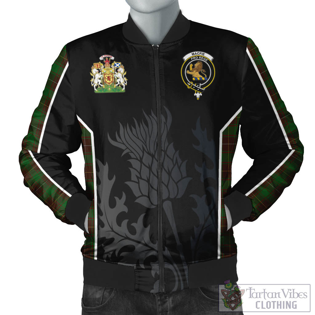 Tartan Vibes Clothing MacFie Hunting Tartan Bomber Jacket with Family Crest and Scottish Thistle Vibes Sport Style