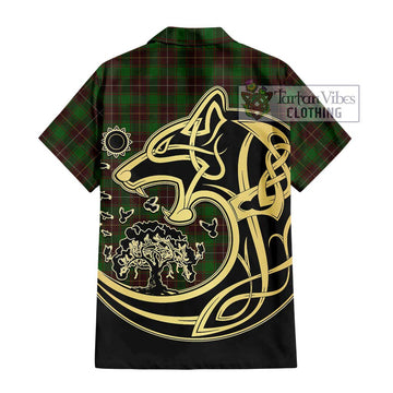 MacFie Hunting Tartan Short Sleeve Button Shirt with Family Crest Celtic Wolf Style