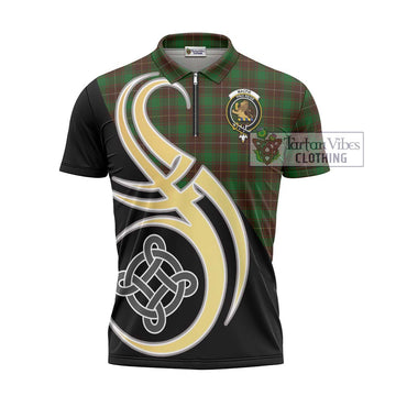 MacFie Hunting Tartan Zipper Polo Shirt with Family Crest and Celtic Symbol Style