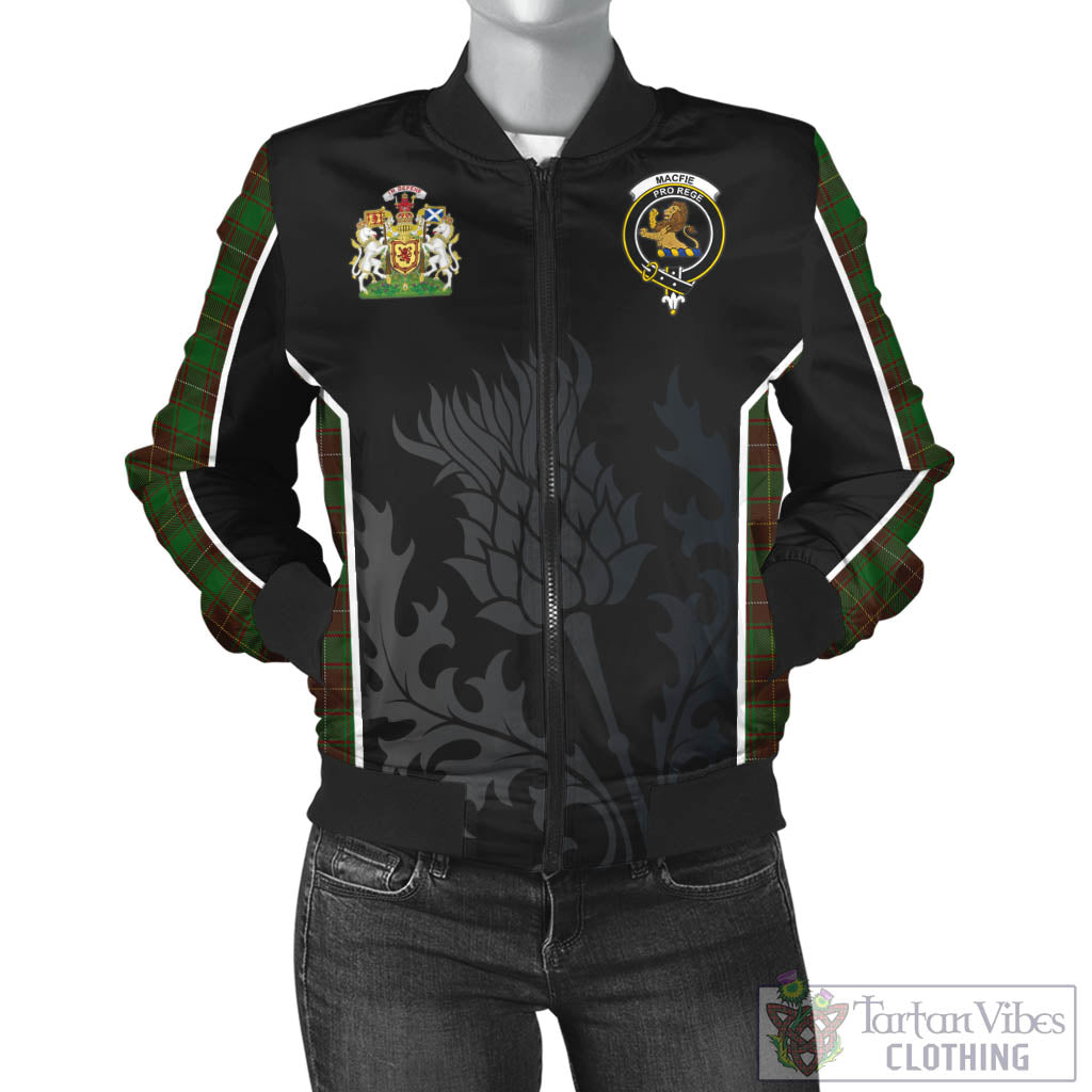 Tartan Vibes Clothing MacFie Hunting Tartan Bomber Jacket with Family Crest and Scottish Thistle Vibes Sport Style