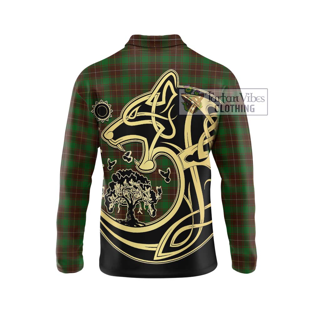 MacFie Hunting Tartan Long Sleeve Polo Shirt with Family Crest Celtic Wolf Style - Tartanvibesclothing Shop