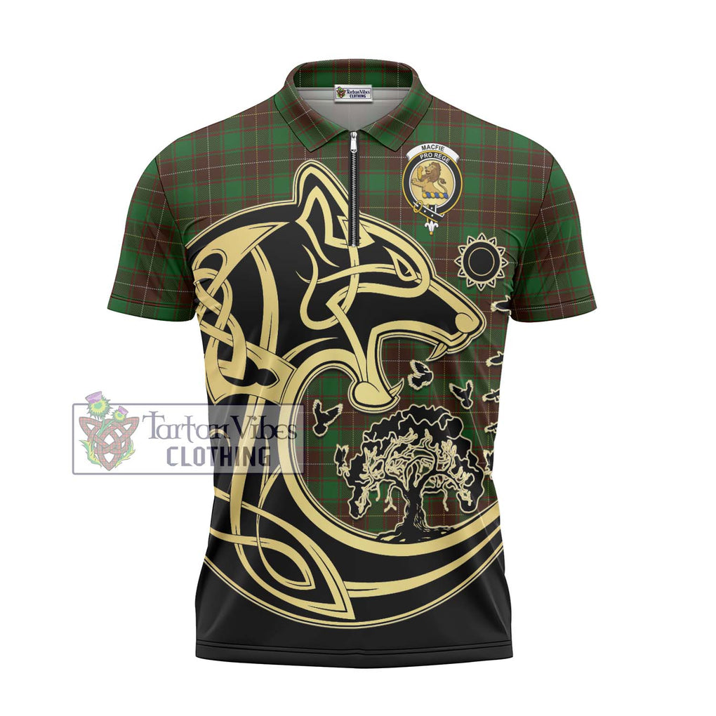 MacFie Hunting Tartan Zipper Polo Shirt with Family Crest Celtic Wolf Style - Tartanvibesclothing Shop