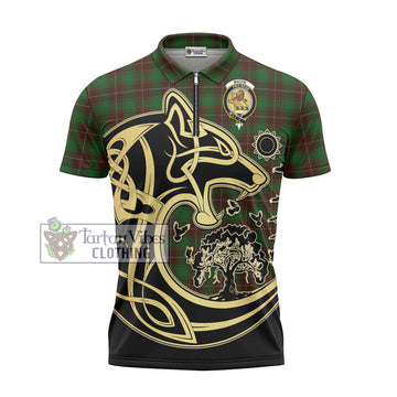 MacFie Hunting Tartan Zipper Polo Shirt with Family Crest Celtic Wolf Style