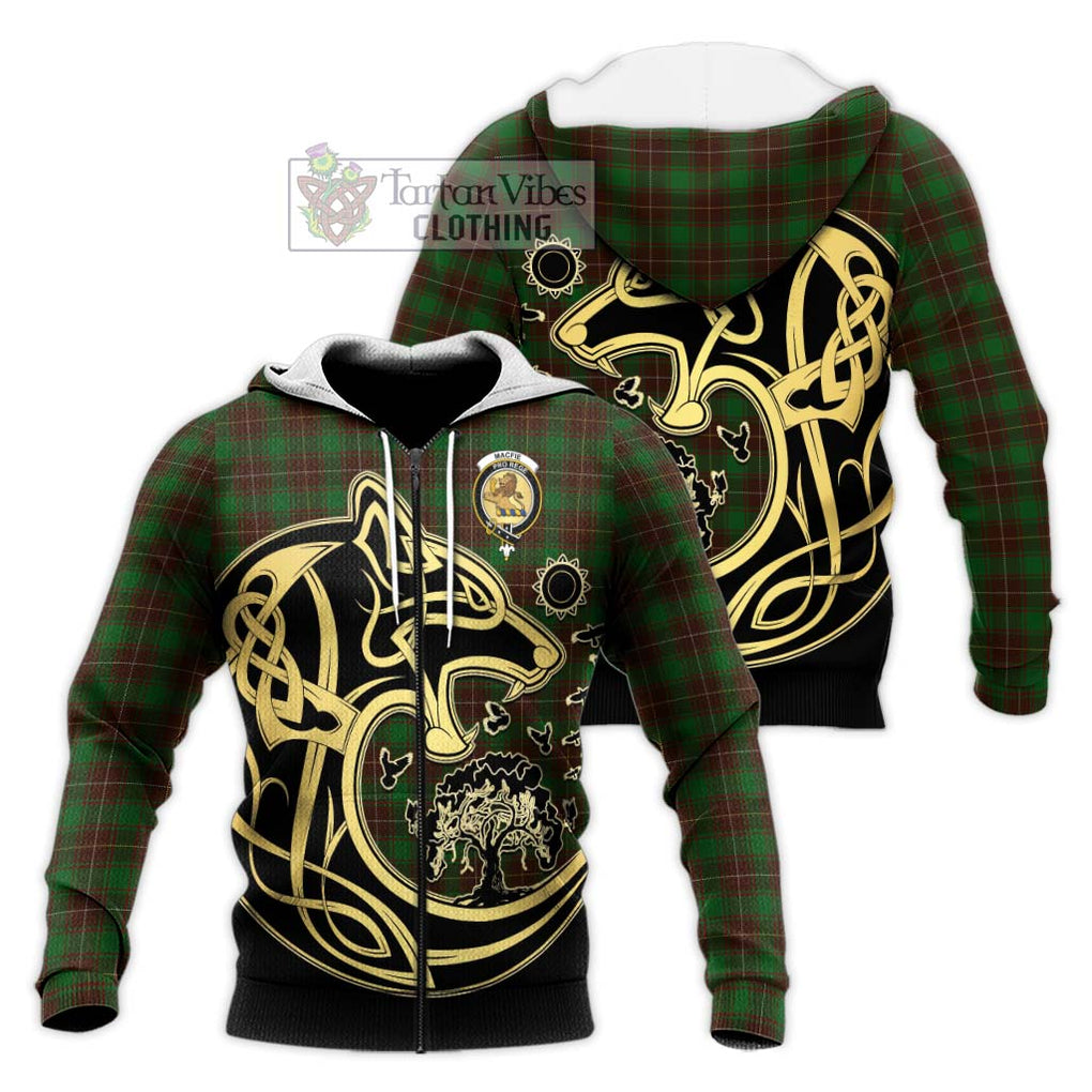 MacFie Hunting Tartan Knitted Hoodie with Family Crest Celtic Wolf Style Unisex Knitted Zip Hoodie - Tartan Vibes Clothing