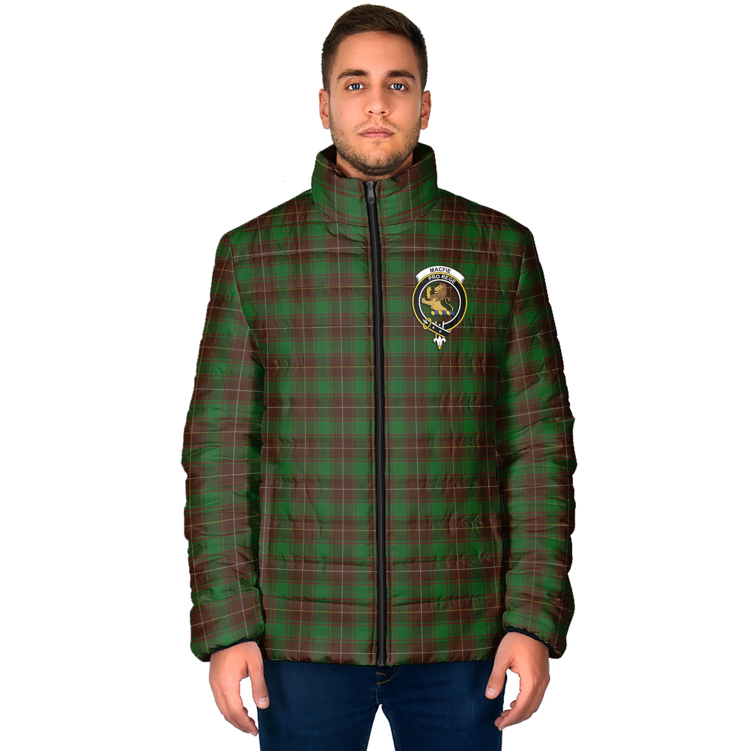 MacFie Hunting Tartan Padded Jacket with Family Crest - Tartan Vibes Clothing