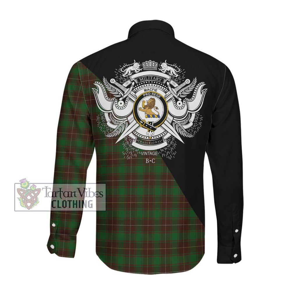 MacFie Hunting Tartan Long Sleeve Button Shirt with Family Crest and Military Logo Style Men's Shirt - Tartanvibesclothing Shop