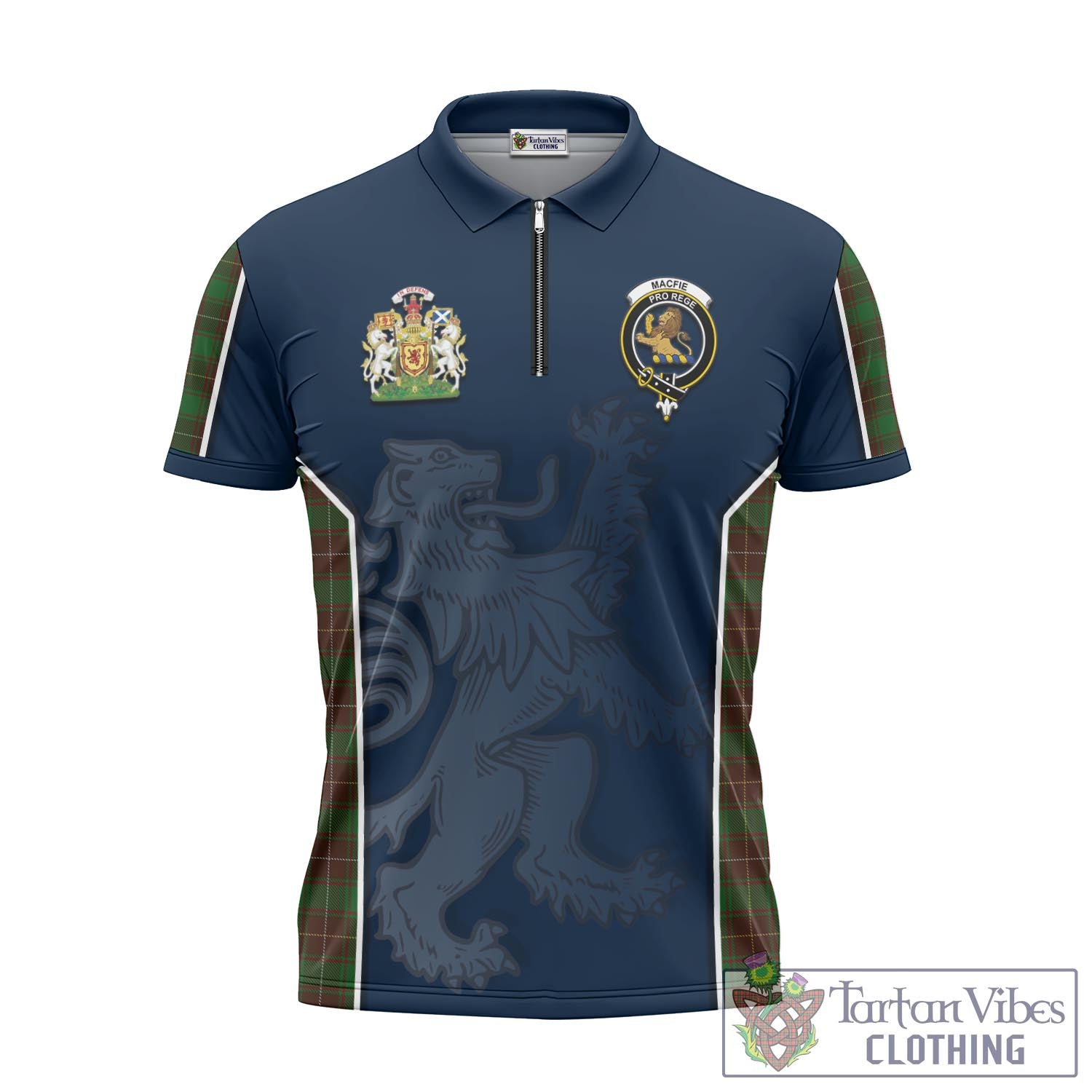 Tartan Vibes Clothing MacFie Hunting Tartan Zipper Polo Shirt with Family Crest and Lion Rampant Vibes Sport Style