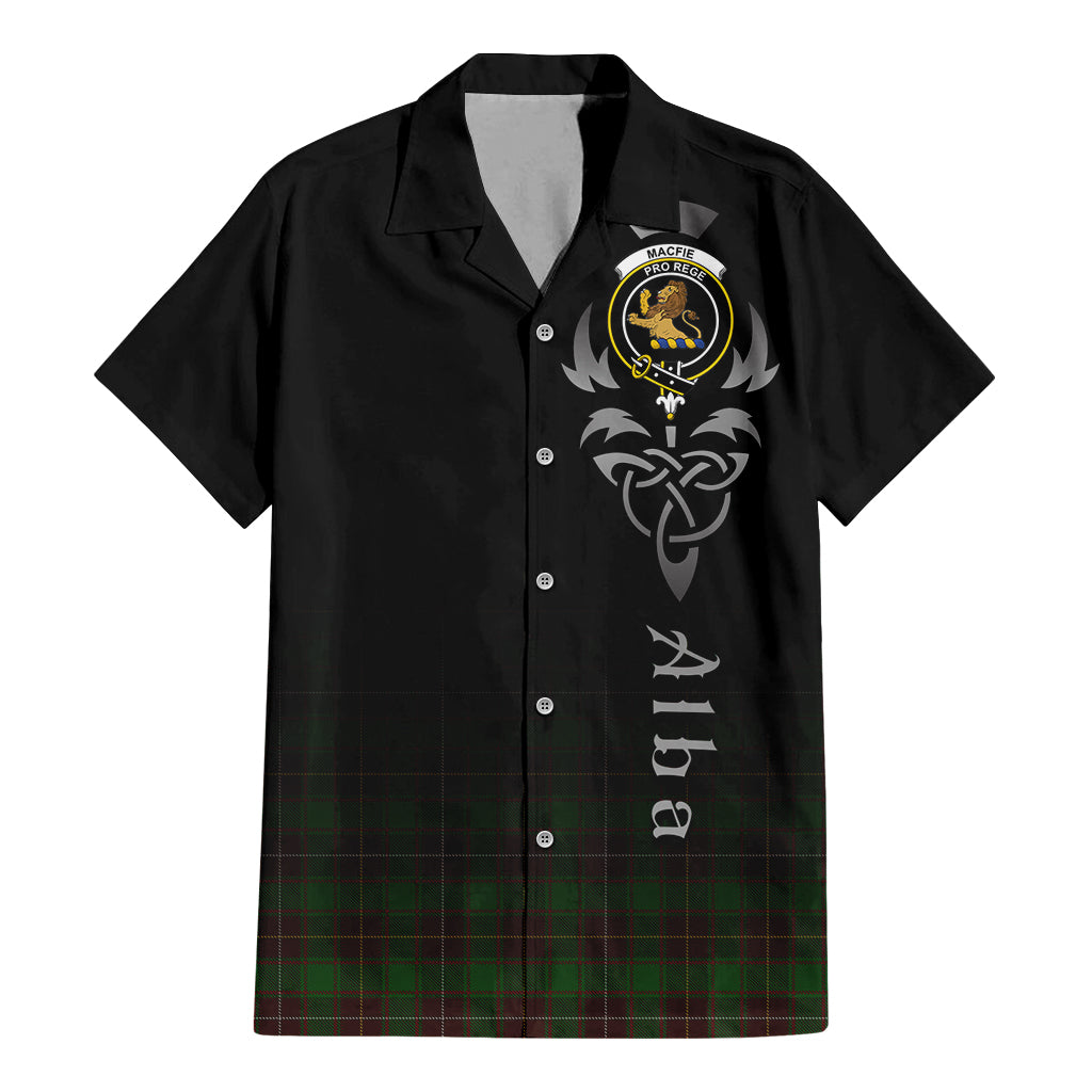 Tartan Vibes Clothing MacFie Hunting Tartan Short Sleeve Button Up Featuring Alba Gu Brath Family Crest Celtic Inspired